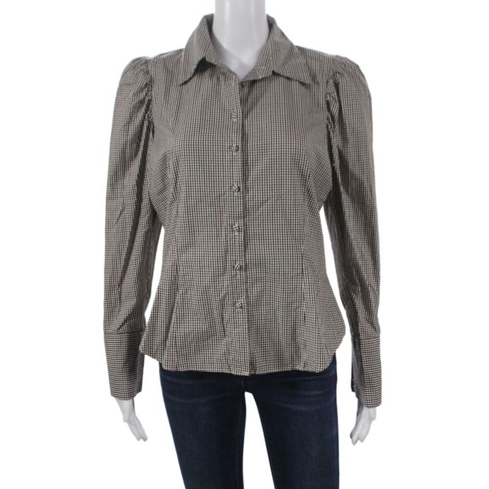 Zara Women Brown Check Collared Button-Up Cotton Long Sleeve Top Size M